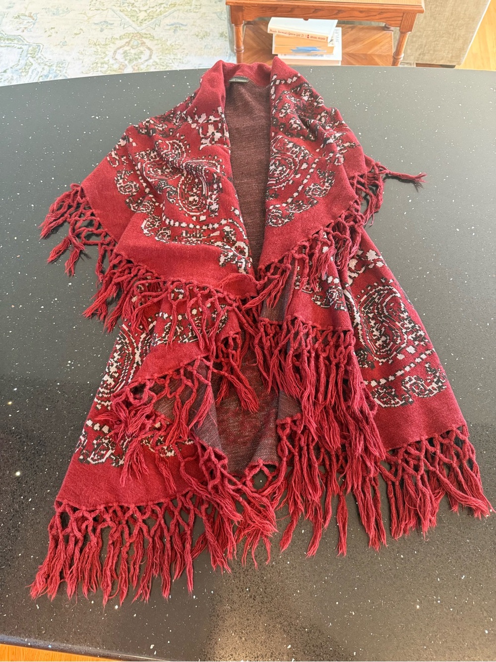 Fringed Paisley Knit Coco + Carmen Wrap Shawl - Wine Red